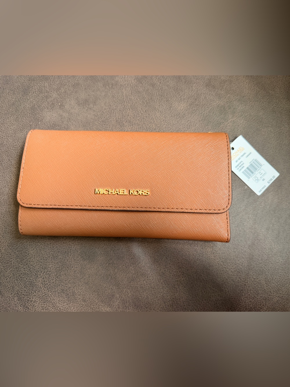 Michael Kors Jet Set Travel Leather Trifold Wallet in Luggage Brown